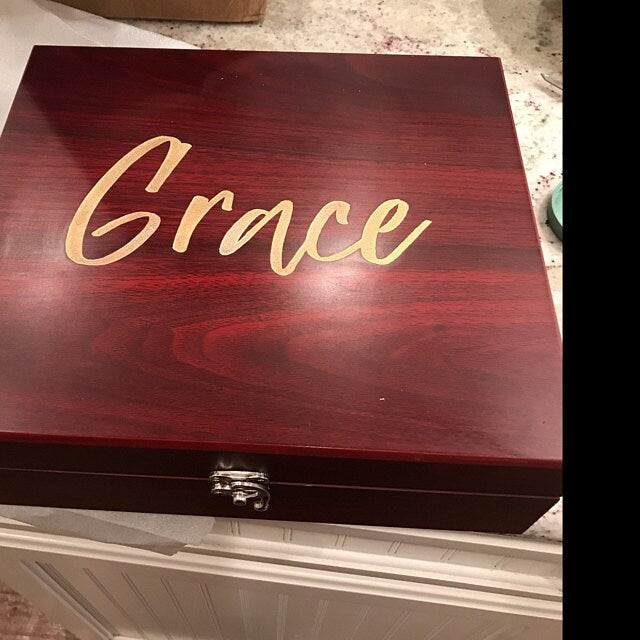 Personalized engraved wooden box with the name Grace in gold script lettering