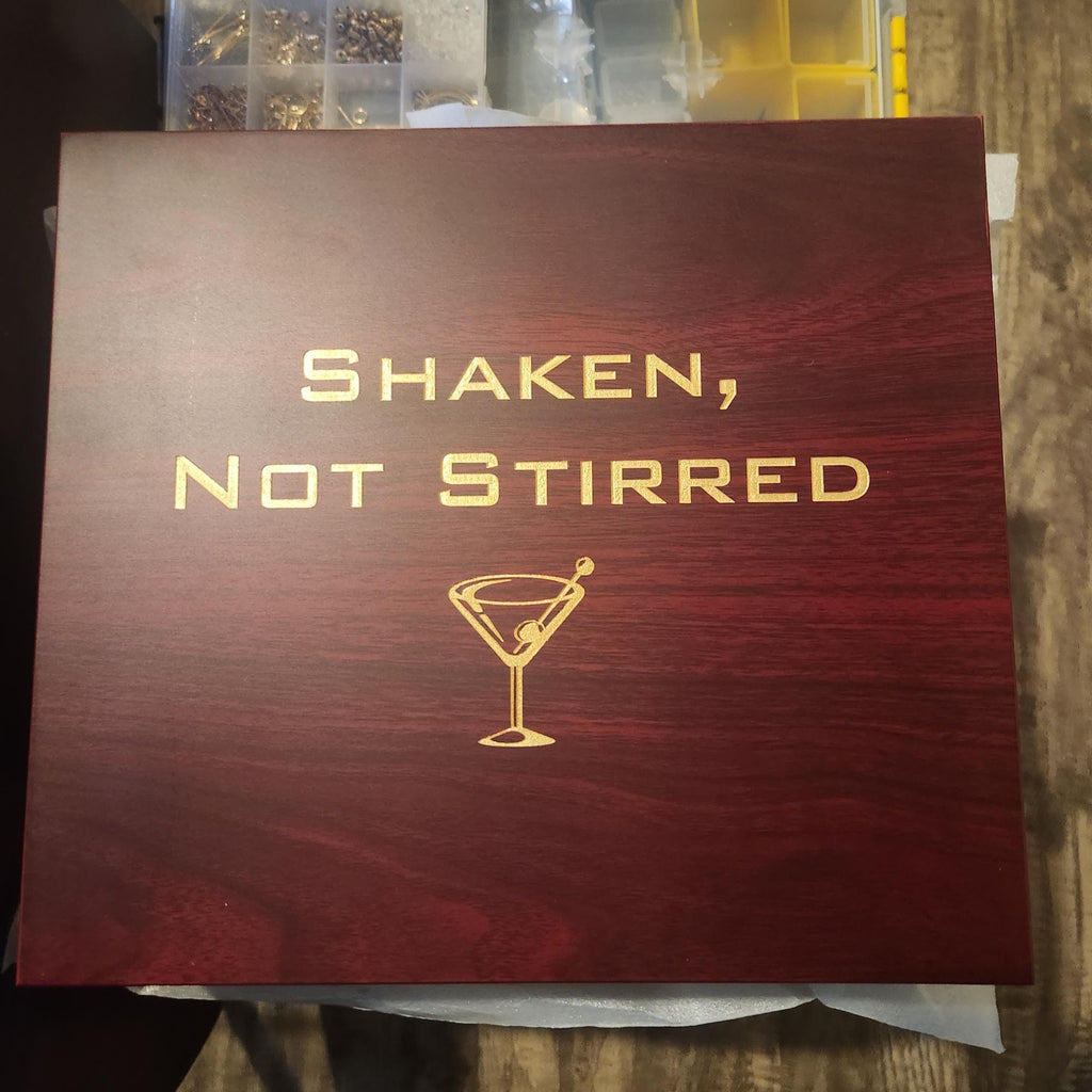 Laser engraved wooden box with 'Shaken, Not Stirred' and a martini glass design