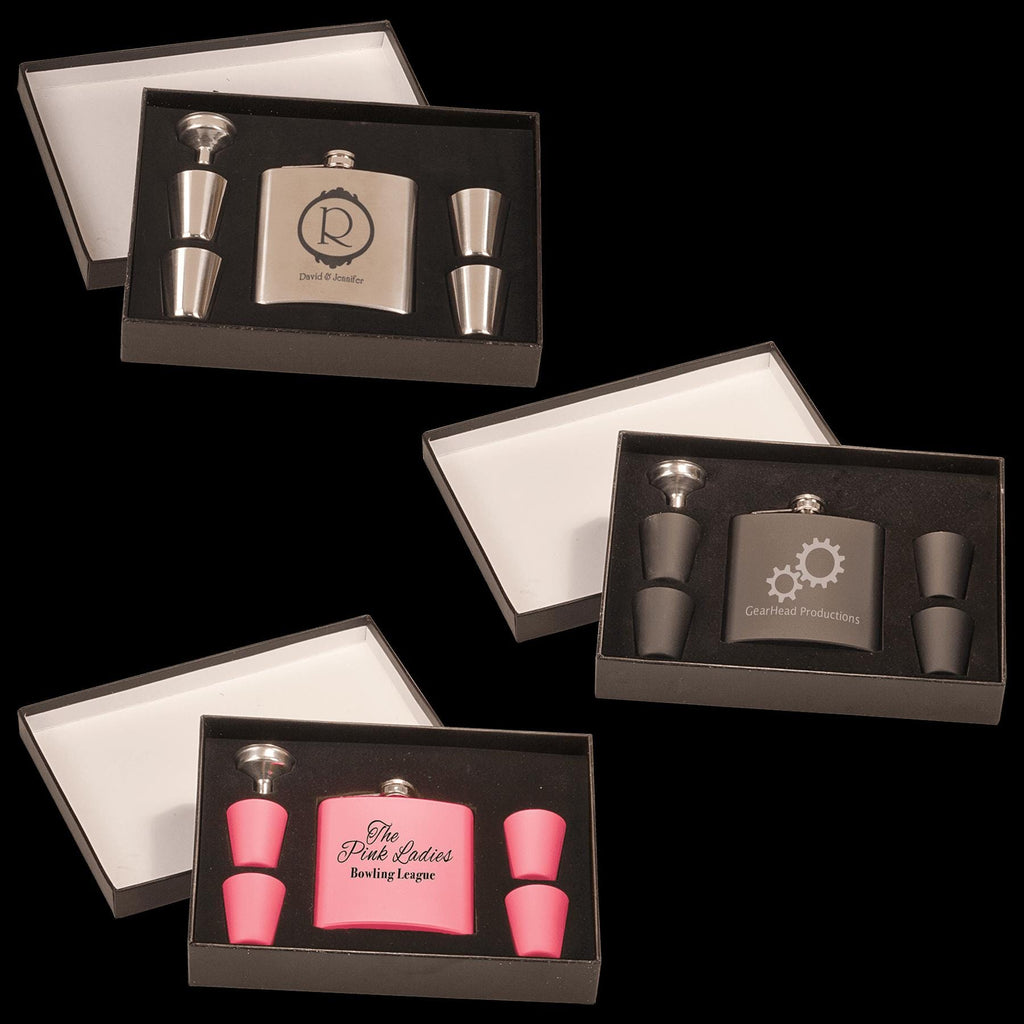 Custom engraved flask gift sets with shot glasses and funnel in three colors, boxed display
