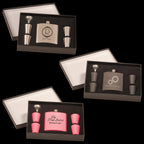 Custom engraved flask gift sets with shot glasses and funnel in three colors, boxed display