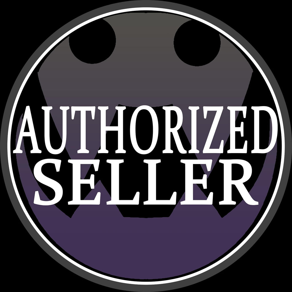 Round badge with 'Authorized Seller' text on a purple and black background, sign icon