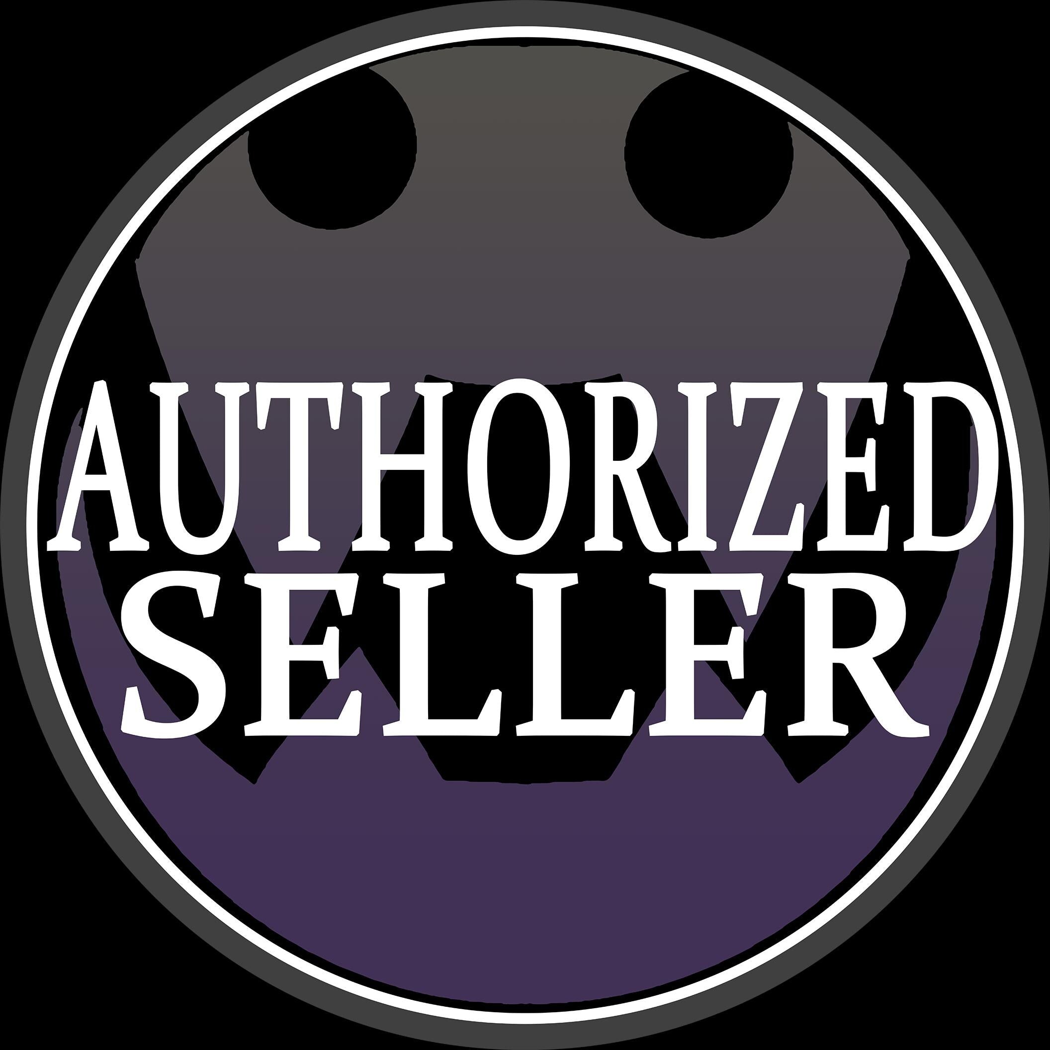 Round badge with 'Authorized Seller' text on a purple and black background, sign icon