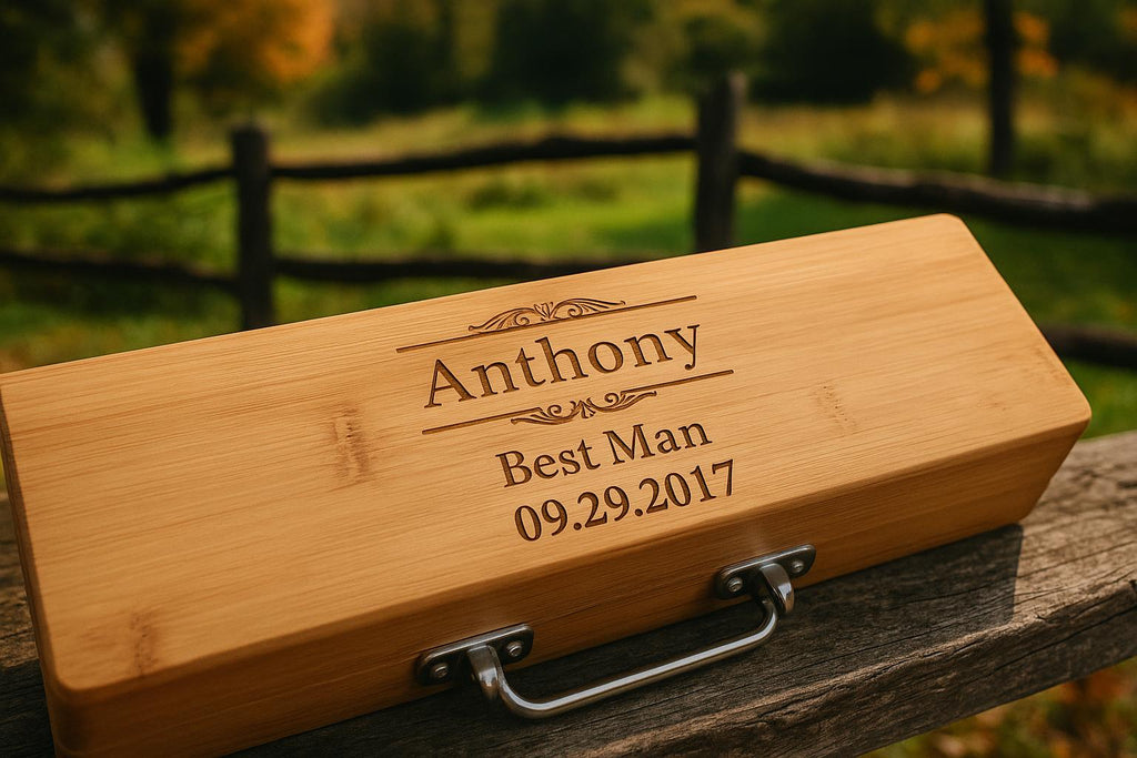 Personalized engraved wooden box with handle for best man gift, displayed outdoors