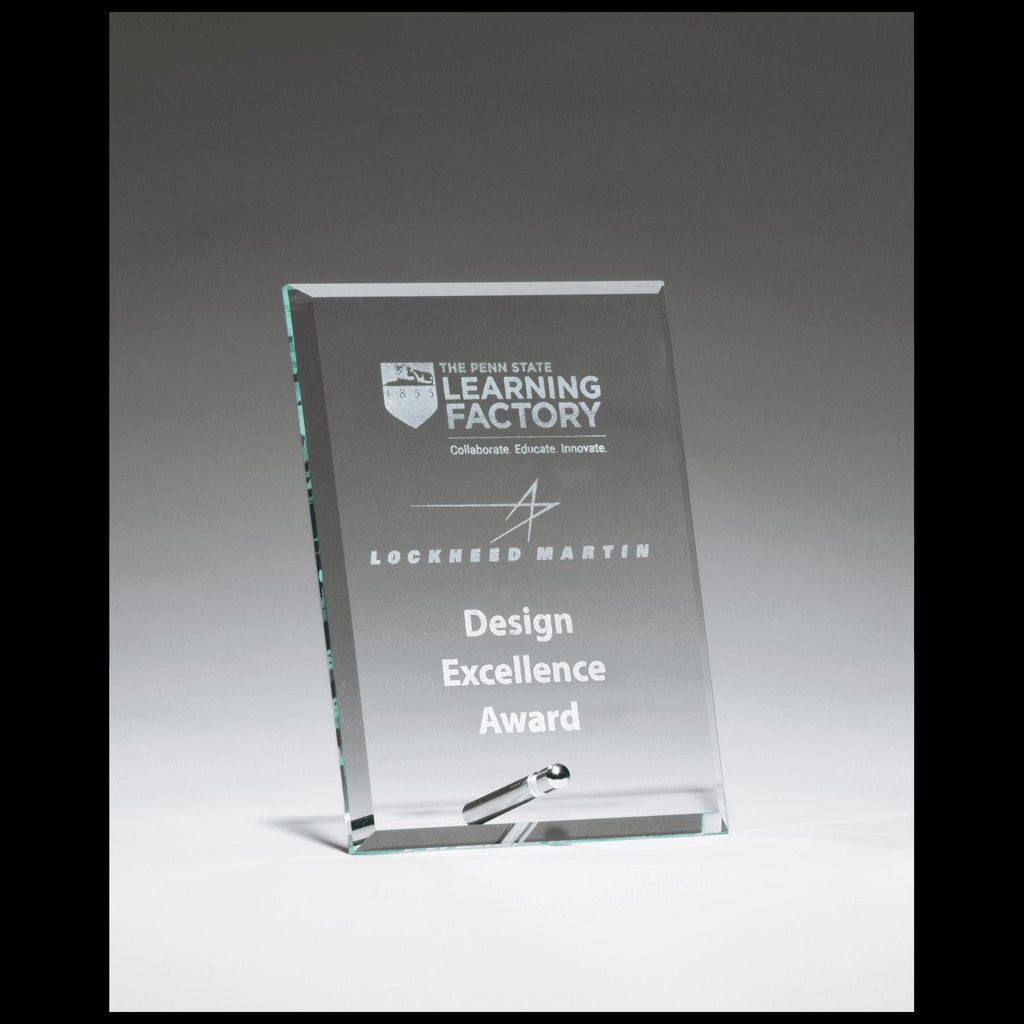 Engraved glass plaque award for design excellence, personalized custom recognition trophy