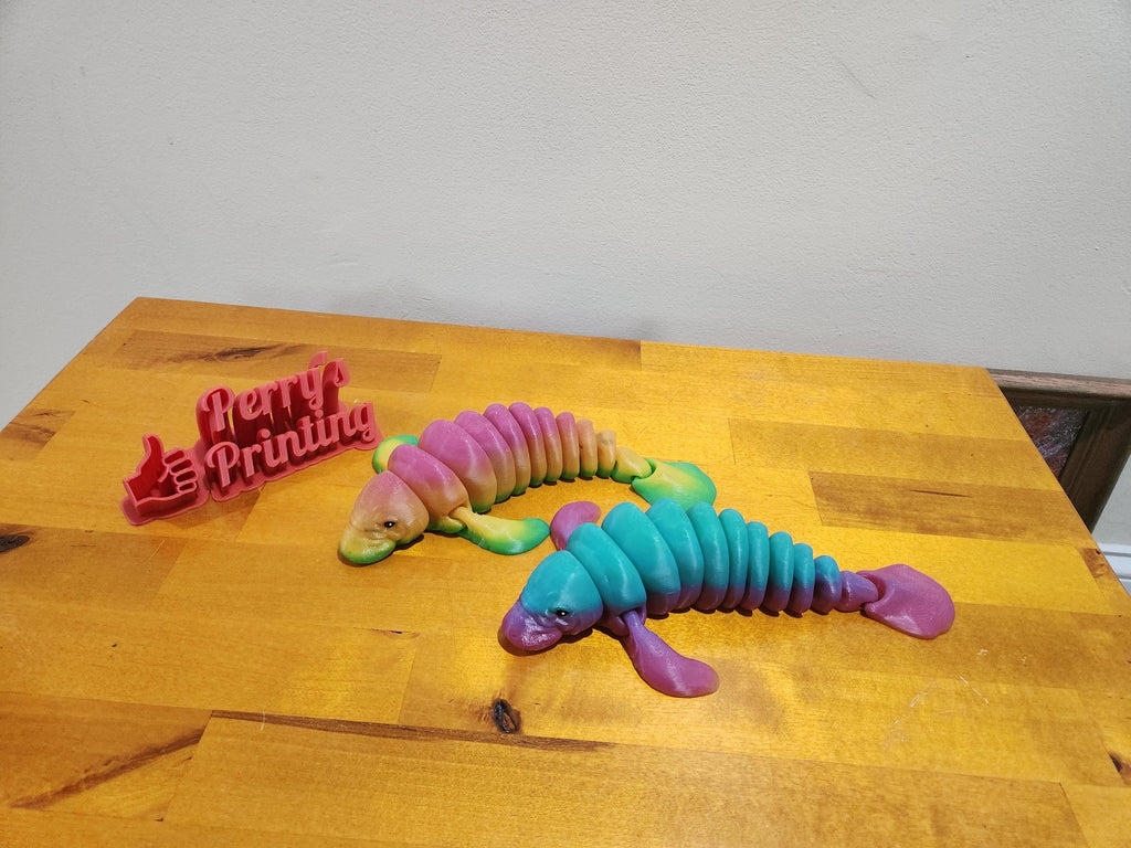 Colorful 3D printed articulated lizard toys and sign on wood table, custom printing display