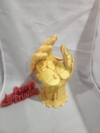 Gold 3D printed mechanical hand trophy on gear base with red Perry's Printing sign